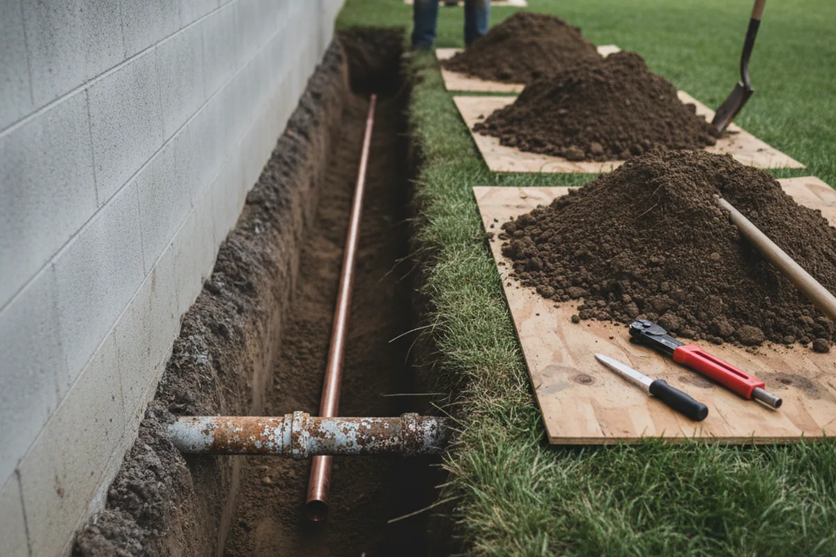 Excavated water line trench during Water Softener Installation in Mount Airy